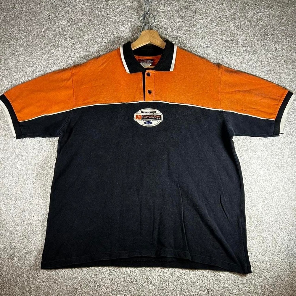 Vintage men's Champ car Bridgestone ford racing black and orange polo shirt XL